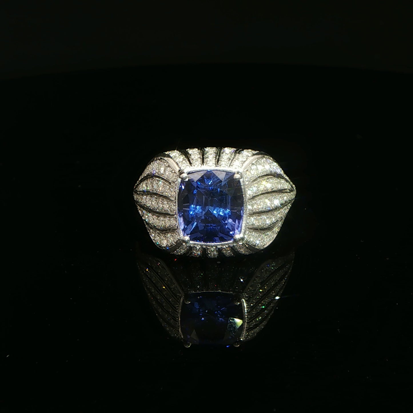 White Gold Cushion Cut Deep Blue Chatham Sapphire Cocktail Ring