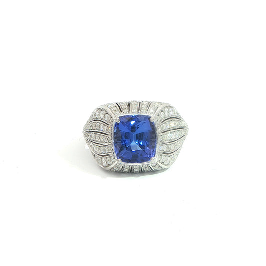 White Gold Cushion Cut Deep Blue Chatham Sapphire Cocktail Ring