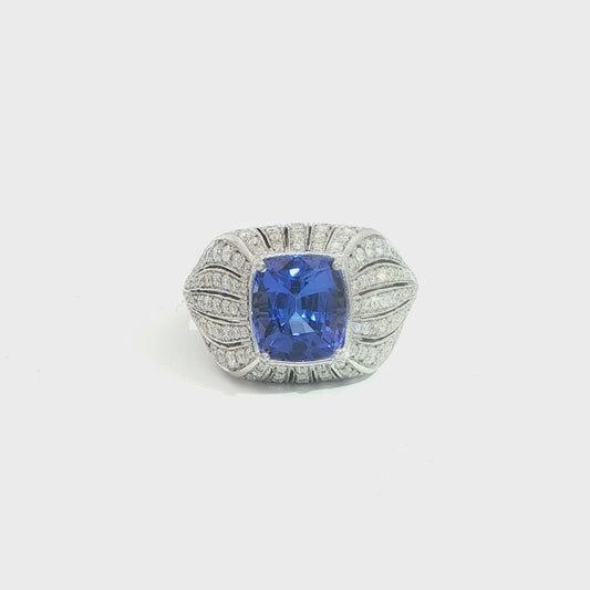 White Gold Cushion Cut Deep Blue Chatham Sapphire Cocktail Ring