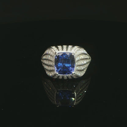 White Gold Cushion Cut Deep Blue Chatham Sapphire Cocktail Ring